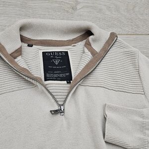 Guess Los Angeles Men's 1/4 Zip Ribbed Knit Sweater - Cream & Brown - Size XL